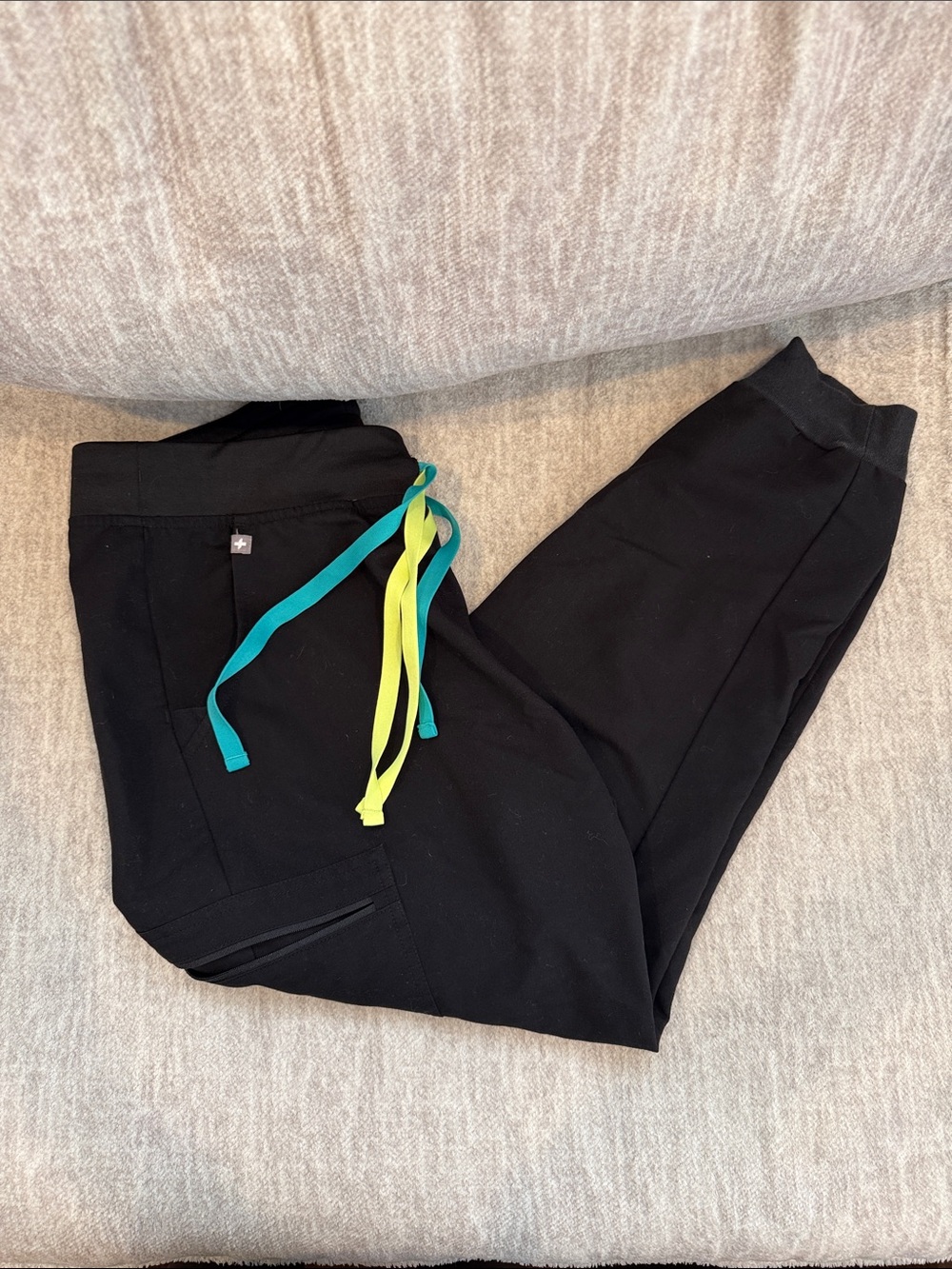 FIGS Black Women's Scrub Pants with Teal and Neon Yellow Drawstrings